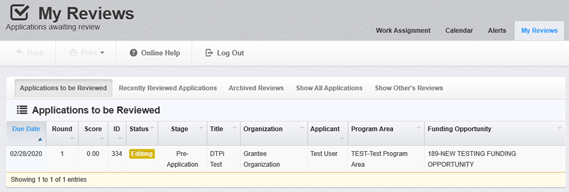 The WebGrants screen showing grants under the My Review header.