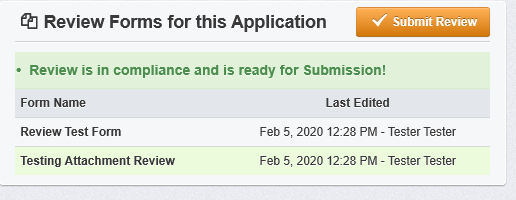 The WebGrants screen showing the Review Forms that need completed for the application.