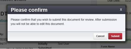 The WebGrants Confirmation screenshot that says please confirm that you wish to submit this document.