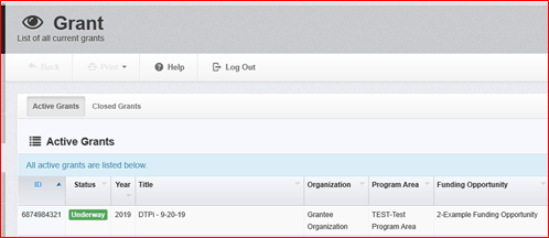 High level view of subgrant showing Grant ID, Title, Organization, Program Area and Funding Announcement