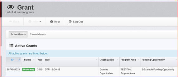 WebGrants screenshot showing the Grants Menu with a grant displayed showing the id, Title and Organization name.