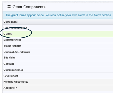WebGrants screenshot showing Grant Components and Claims is circled. 