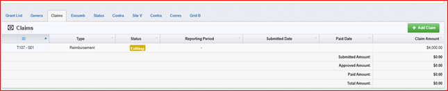 WebGrants screenshot showing how to click on the Add Claim button.