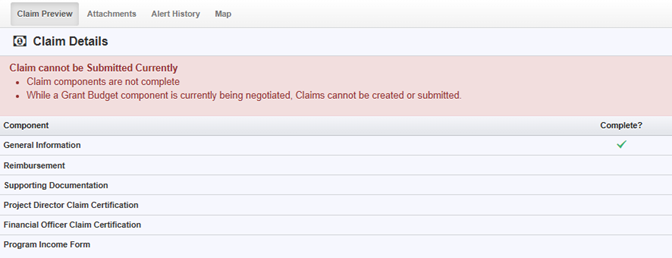 WebGrants sceenshot showing the components of a claim. This example shows General Information, Reimbursement, Supporting Documen