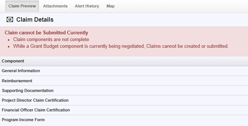 WebGrants Claims Detail page.  Complete each section and mark it complete.