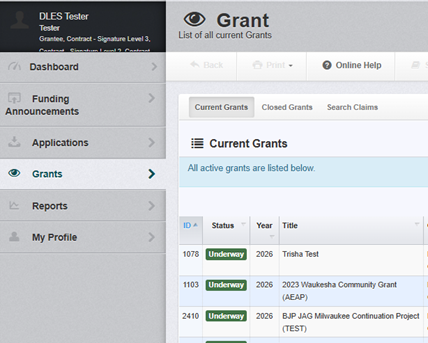 WebGrants screenshot of the Grants item on the menu highlighted and the listing of Current Grants shown.