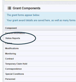WebGrants screenshot of Grant Components with Status Report circled.