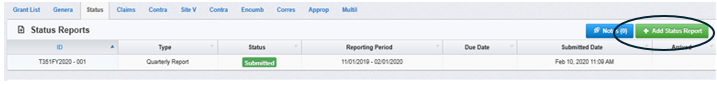 WebGrants screenshot of the Status Report with Add Status Report Circled.