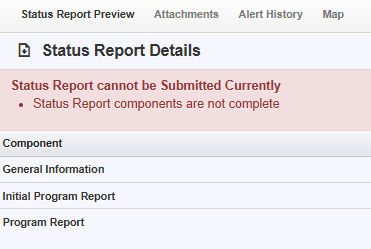 WebGrants screenshot of Status Report Details and all forms to complete.