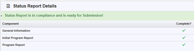 WebGrants image of Status Report Details and all forms marked Completed.