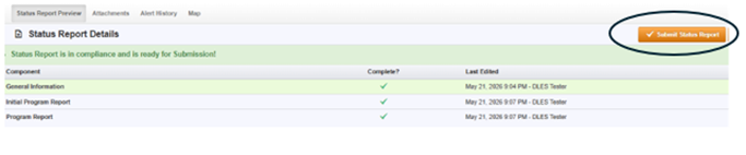 WebGrants screenshot of Status Report components with Submit Status Report circled. 