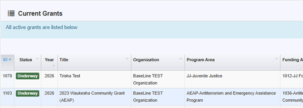 WebGrants screenshot of Current Grants