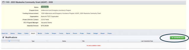 WebGrants screenshot of Add Modification button circled on the Modification Grant Component.
