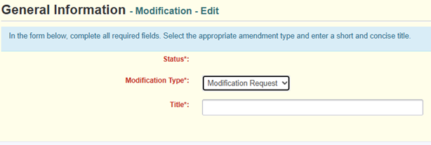 WebGrants screenshot of the Modification General Information screen showing a Modification Type to select and a box to enter the