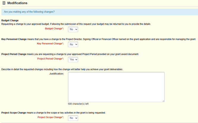WebGrants screenshot of the Modification screen showing four types of modifications.  Budget Change, Key Personnel Change, Proje