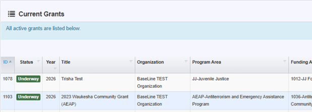 WebGrants screenshot of the Current Grant listing.