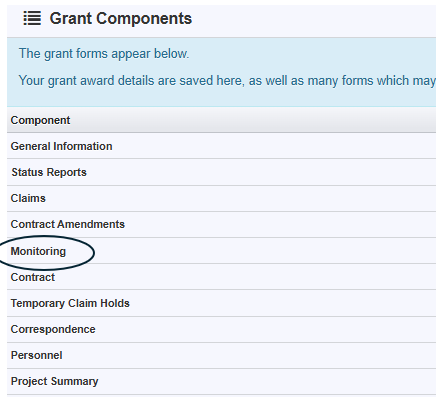 WebGrants screenshot showing the Grant Components and Monitoring is circled.