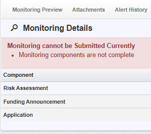 WebGrants screenshot of Monitoring Details. Complete each form listed.