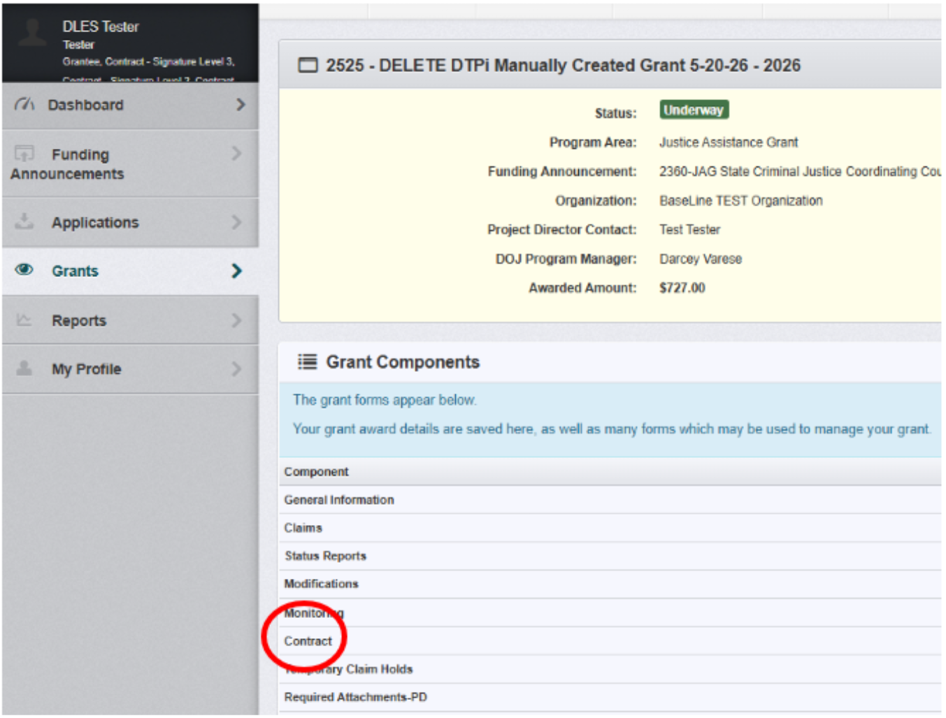 Ciontract option in Grant Components list.