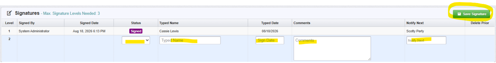 Signature fields and Save Signature Button.