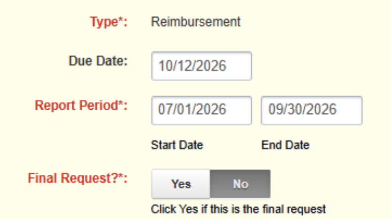 Reimbursement fields to be completed.