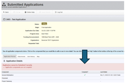 Webgrants screenshot of the submitted applications, application details showing that each form must show completed.