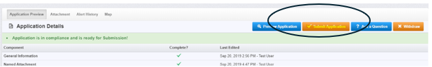 WebGrants screenshot of Application Details showing the Submit Application button circled. 