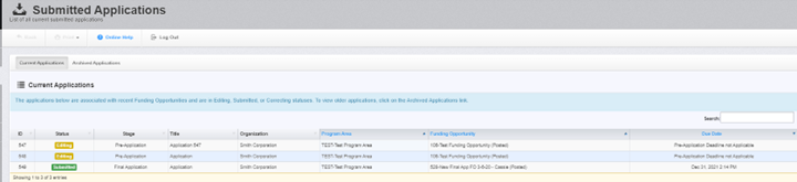 WebGrants screenshot showing your submitted application id.