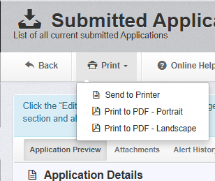 WebGrants screenshot showing the Print button selected and options in the dropdown of send to printer, print to pdf portrait and