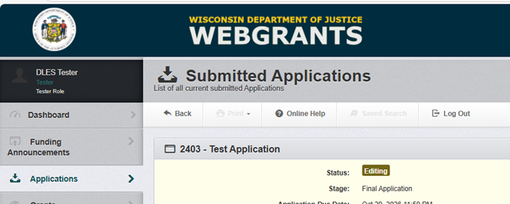 WebGrants screenshot showing the Log Out button located in the middle of the page.