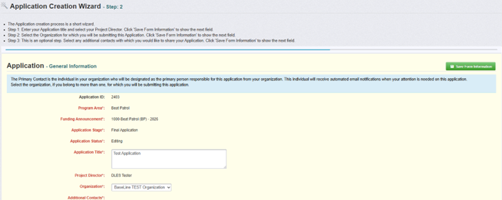 Screenshot of Application ID, Funding Announcement Title, Application Title, Project director and Organization.