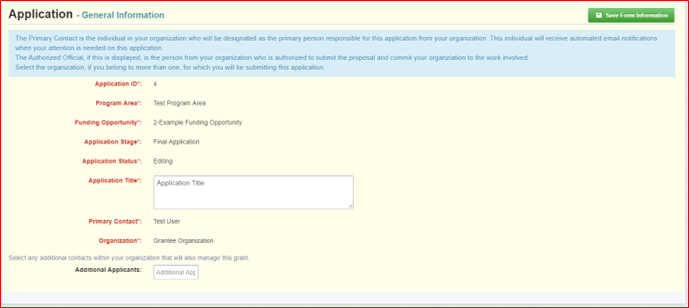 Screenshot that shows Application ID, Application Title, Primary Contact and Organization