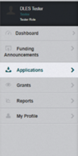 WebGrants left menu with Applications highlighted.  The Fund Announcement button is just above Applications.