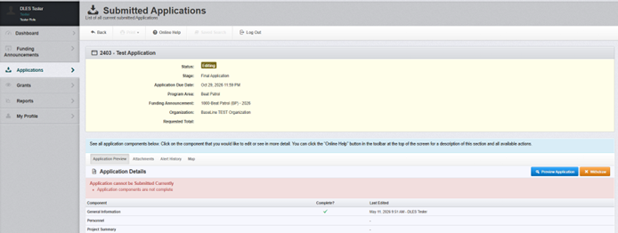 Webgrants screenshot showing the submitted application