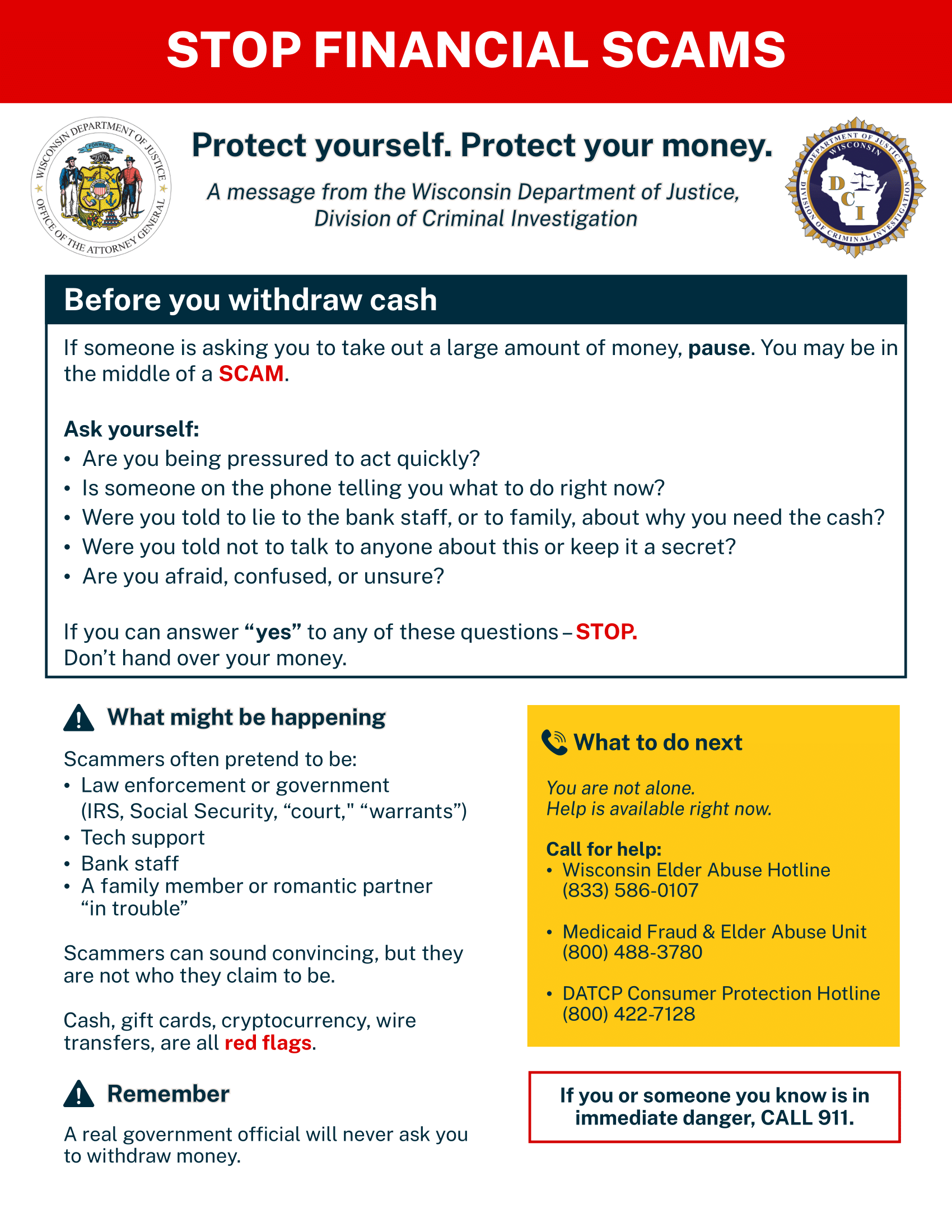 the scam warning flyer with information about how to avoid scams
